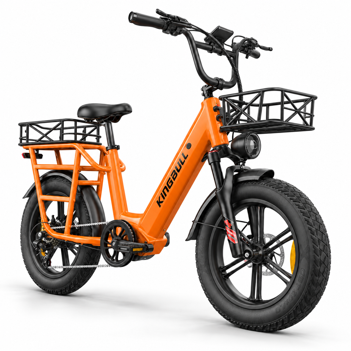 Maxtron Voyager Arancio lucido, hero 3/4 verso destra su fondo bianco, immagine marketing generata da riferimento